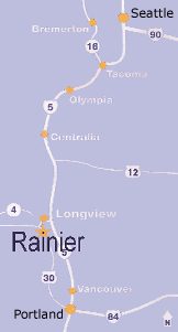 Map showing Rainier Oregon between Seattle and Portland